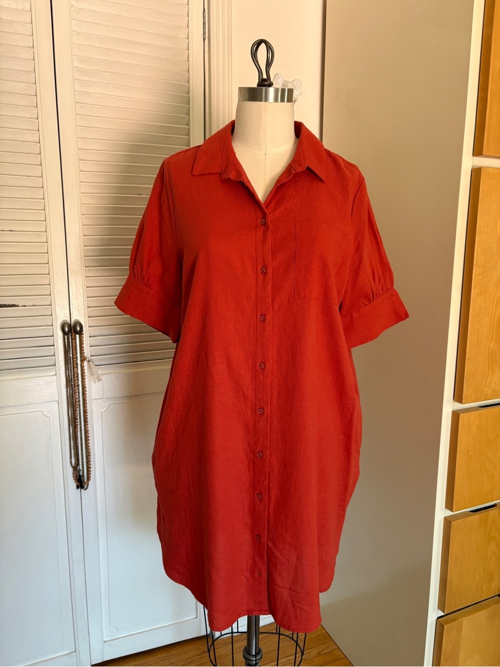 Women's Orange Red Button-Front Shirt Dress - Classic Collared Style